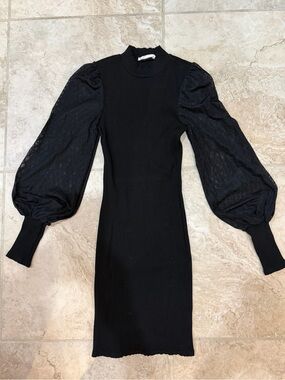 Black Puff-Sleeve Midi Dress with Sheer Balloon Sleeves